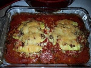 Best thing ever! Portobello mushroom lasagna with zucchini, grass fed beef, and parmesan/mozzarella cheese